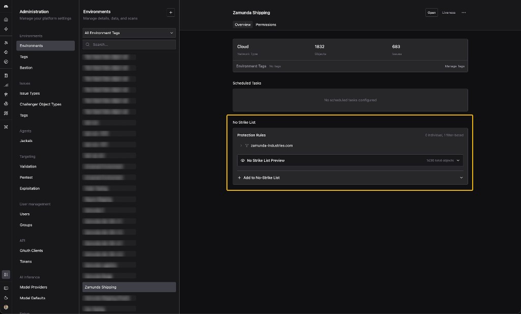 Administration app showing the Zamunda Shipping Environment on the Overview tab, with the No Strike List section highlighted in yellow, a filter-based Protection Rule for zamunda-industries.com, and a No Strike List Preview showing 1,436 Objects under protection.