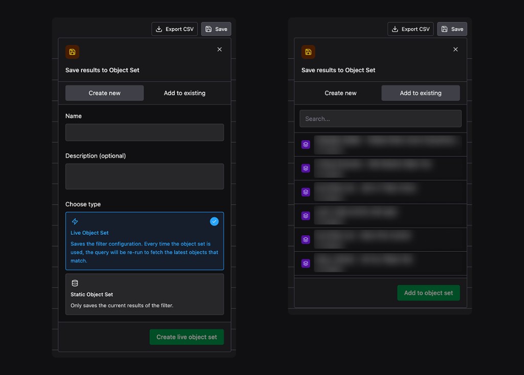 Save results to Object Set modal with Create new and Add to existing tabs and Live and Static type options