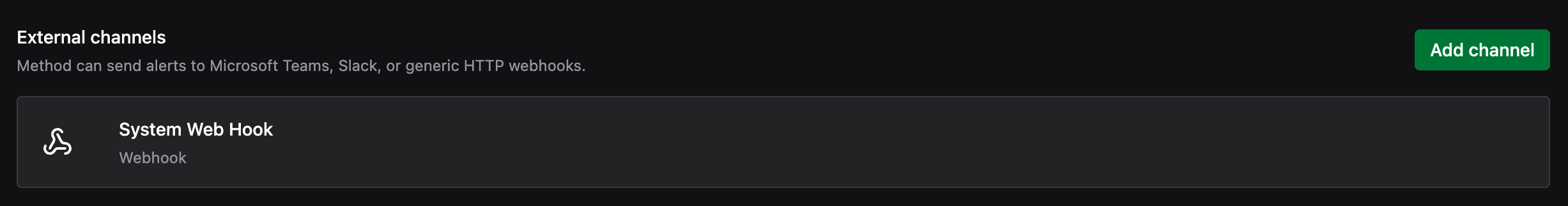 External channels list showing the System Web Hook Webhook channel connected