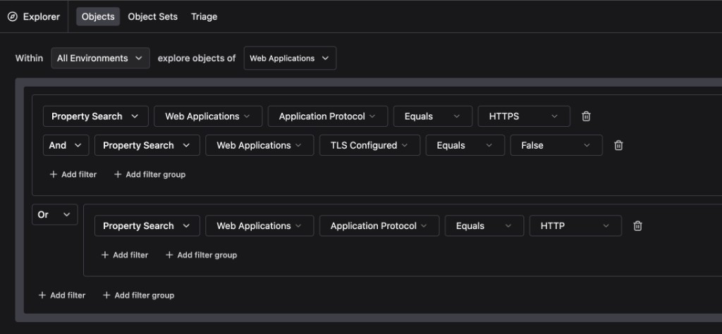 Two filter groups in Explorer, each with internal AND logic, joined by an OR operator between them