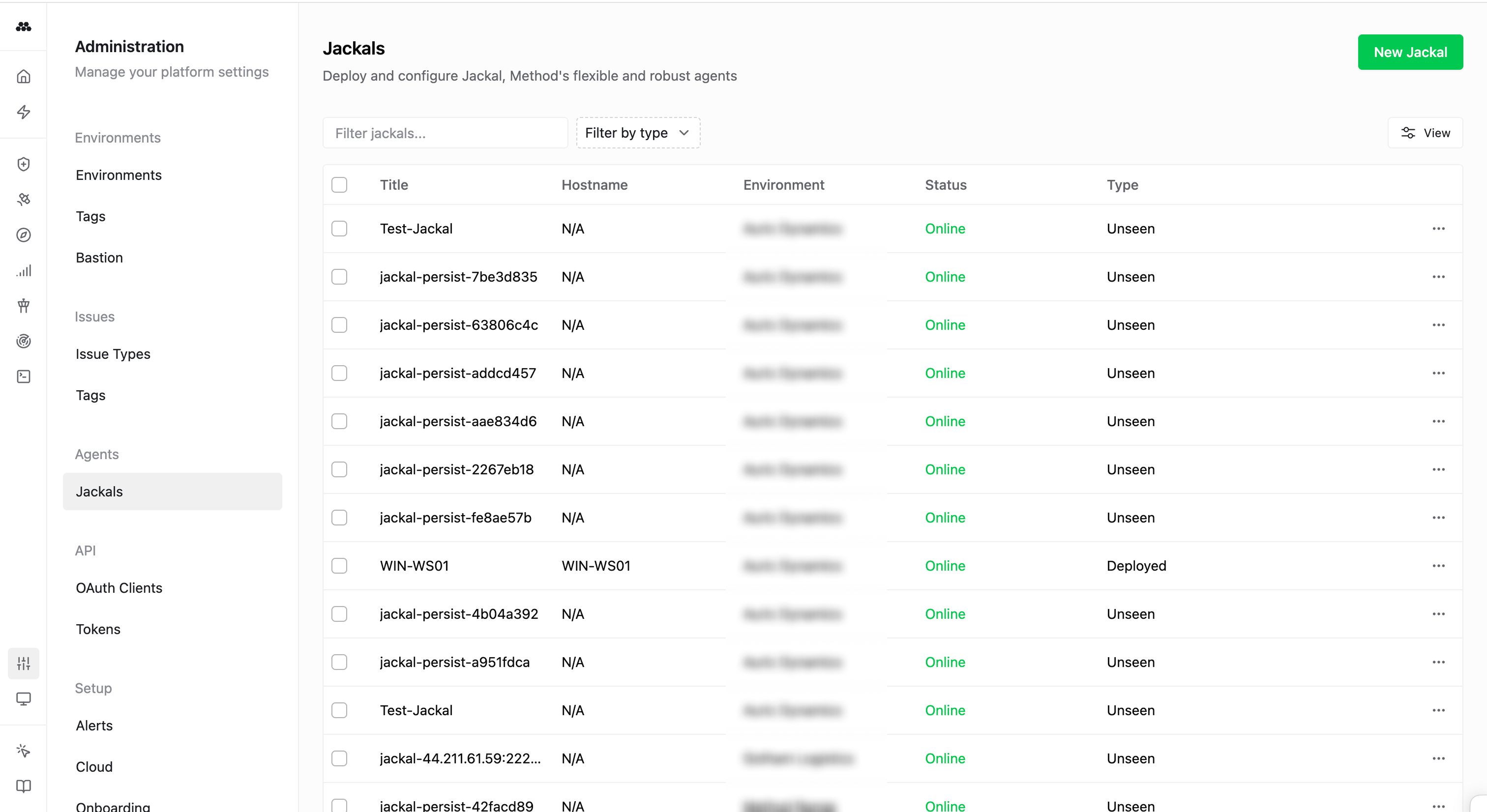 The Administration Jackals page in the Method Platform showing a list of deployed Jackals with columns for Title, Hostname, Environment, Status, and Type. Each row shows a healthy Online status indicator.