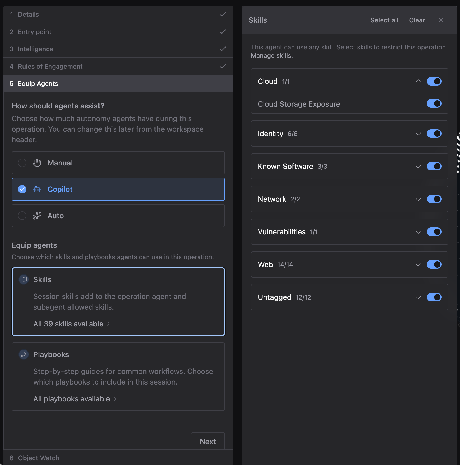 Skills panel grouped into the categories Cloud, Identity, Known Software, Network, Vulnerabilities, Web, and Untagged, each with a toggle and a count of selected Skills, plus a Manage skills link and Select all and Clear controls