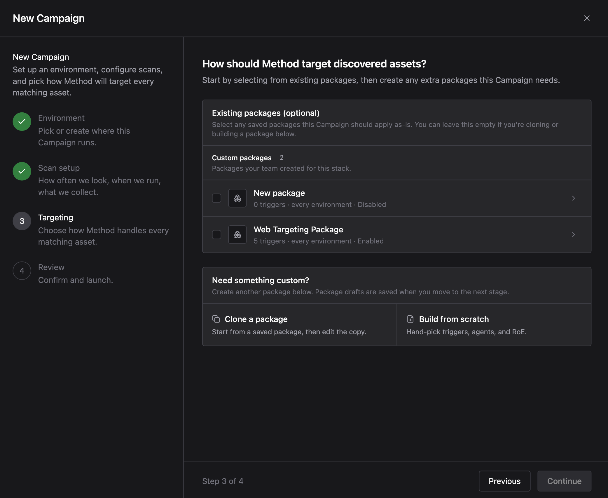 New Campaign wizard on the Targeting stage, selecting existing and custom packages