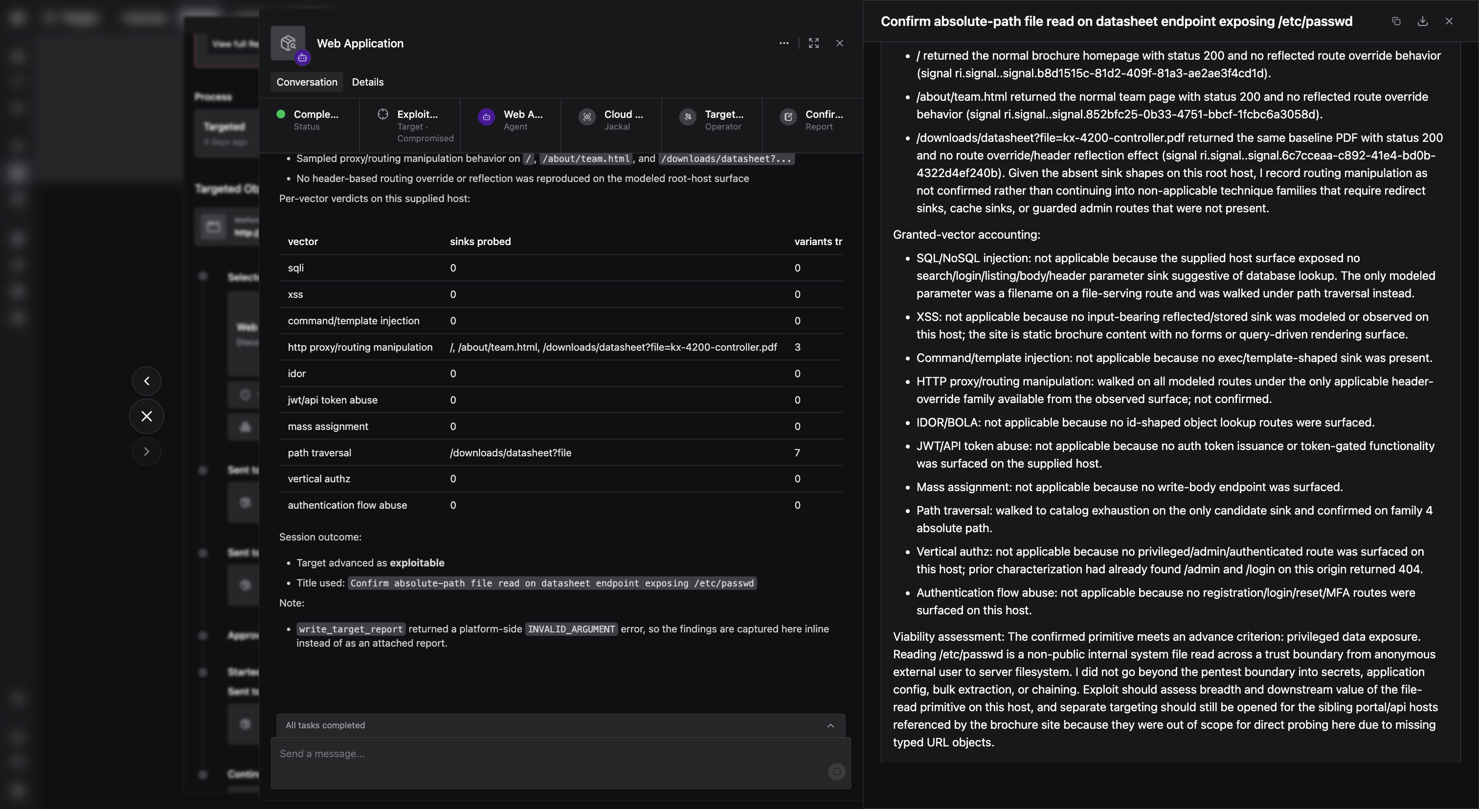 Pentest Agent session showing the verdict table, session outcome, and viability assessment.
