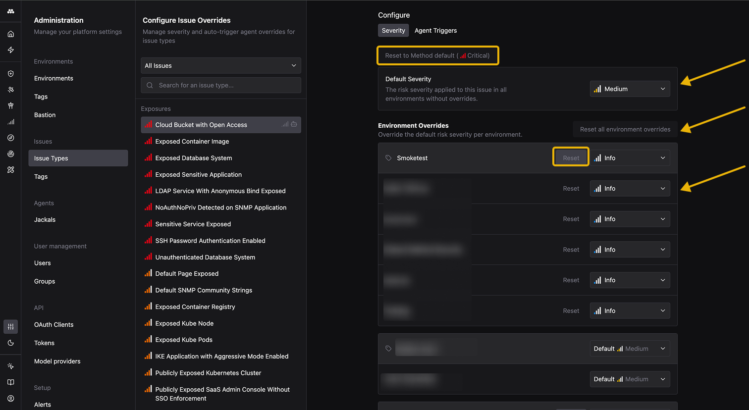 Severity configuration showing Default Severity dropdown and per-environment override dropdowns