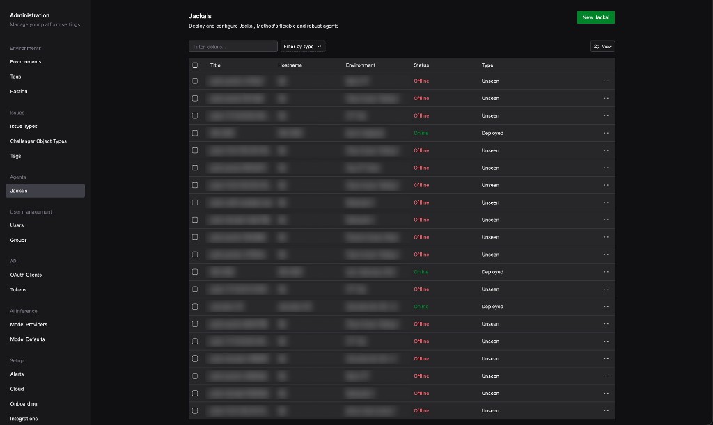 Administration Jackals page listing every deployed Jackal with title, hostname, environment, status, and type columns