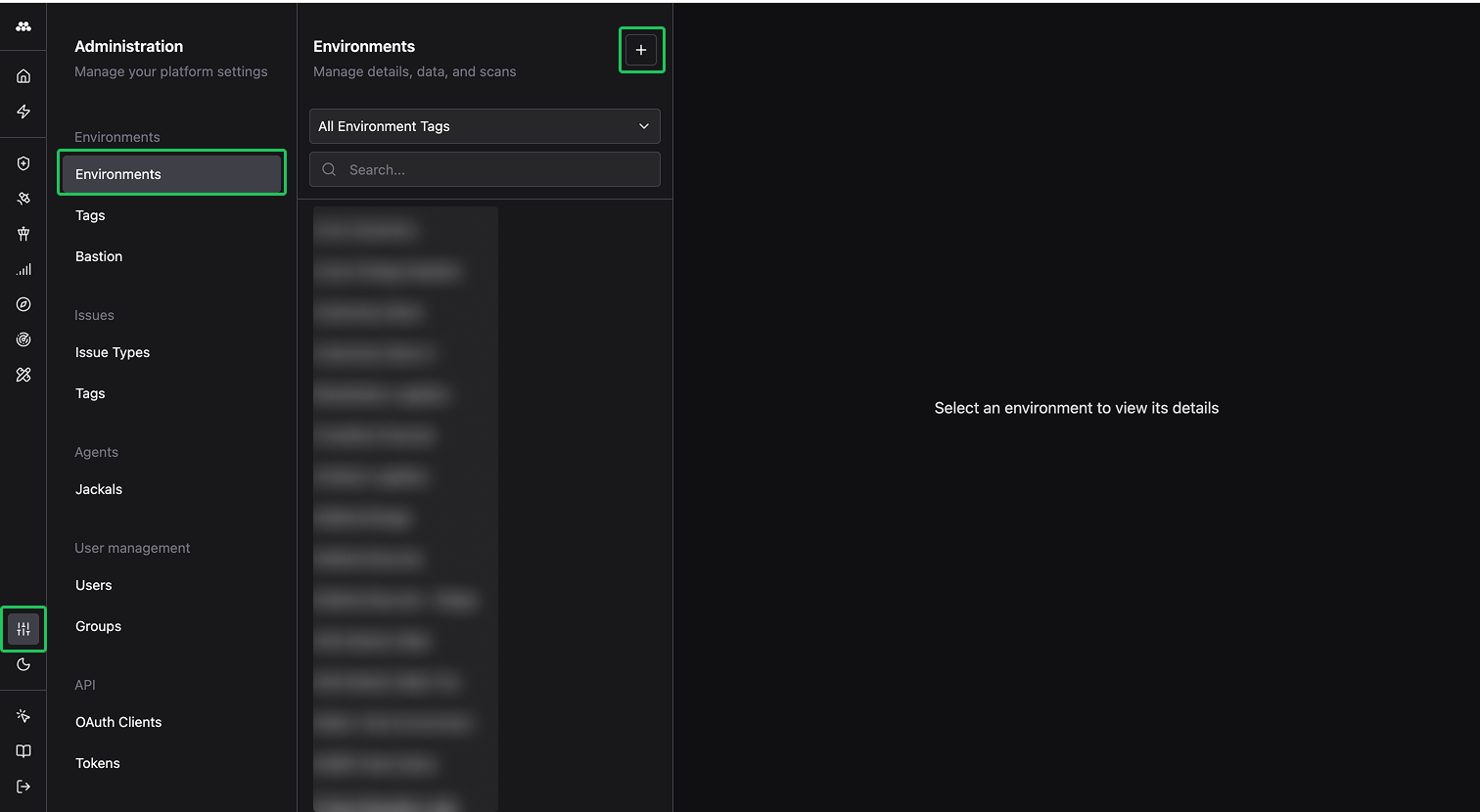 Administration app showing the Environments tab and add button