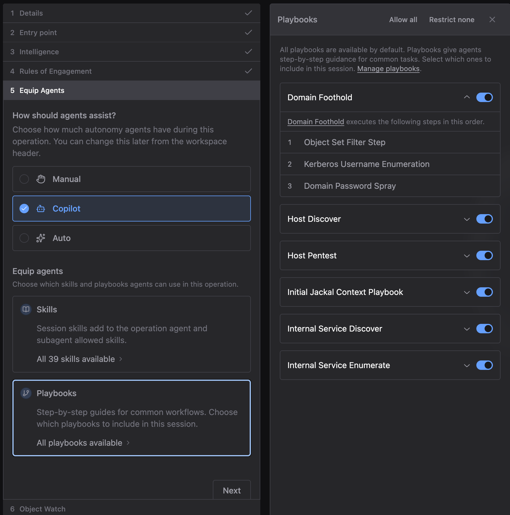 Playbooks panel with an expanded Playbook showing its ordered steps, several other Playbooks listed with toggles, and Allow all and Restrict none controls