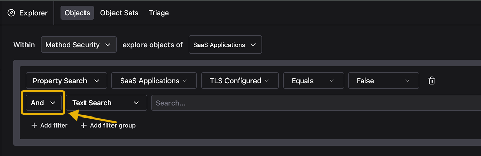 Filter row showing the AND/OR dropdown that controls how the filter combines with the one above it