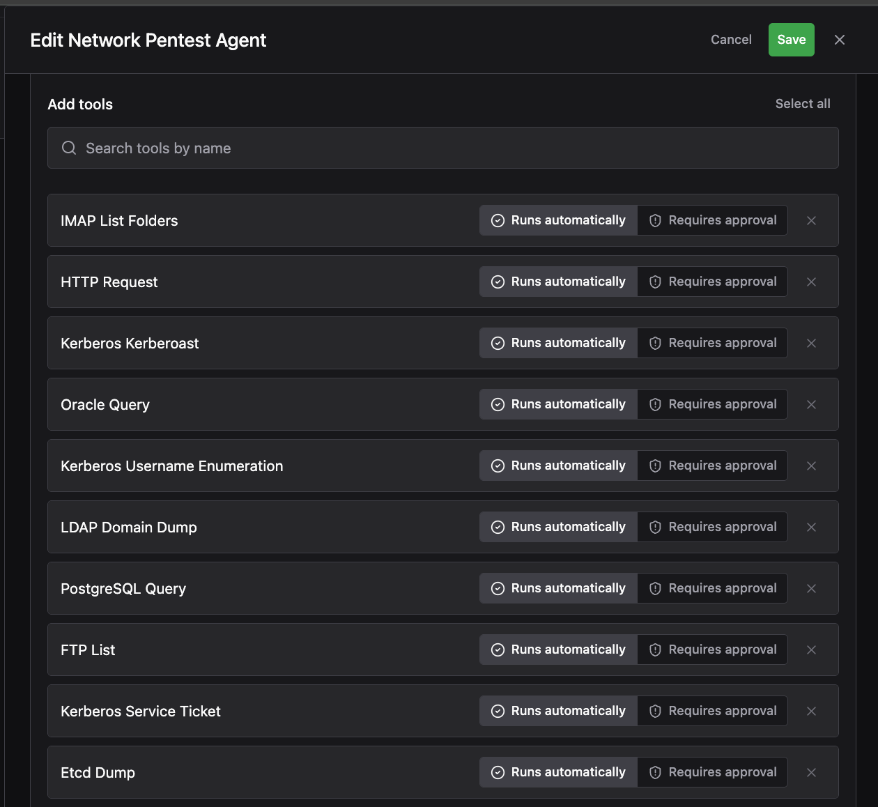 Edit Network Pentest Agent view showing the Add tools section with each tool having Runs automatically and Requires approval toggle options.