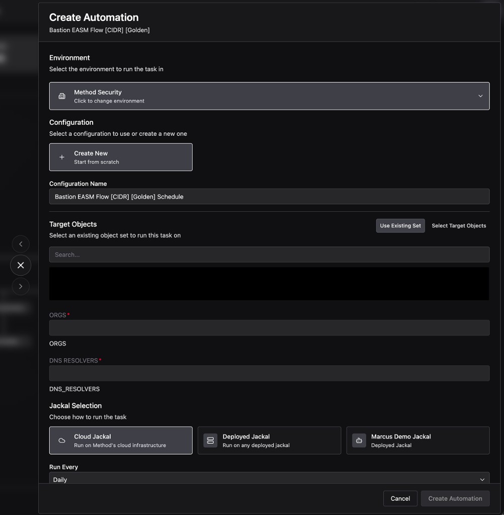 Create Automation form showing Environment, Configuration, Target Objects, parameter fields, and Jackal Selection