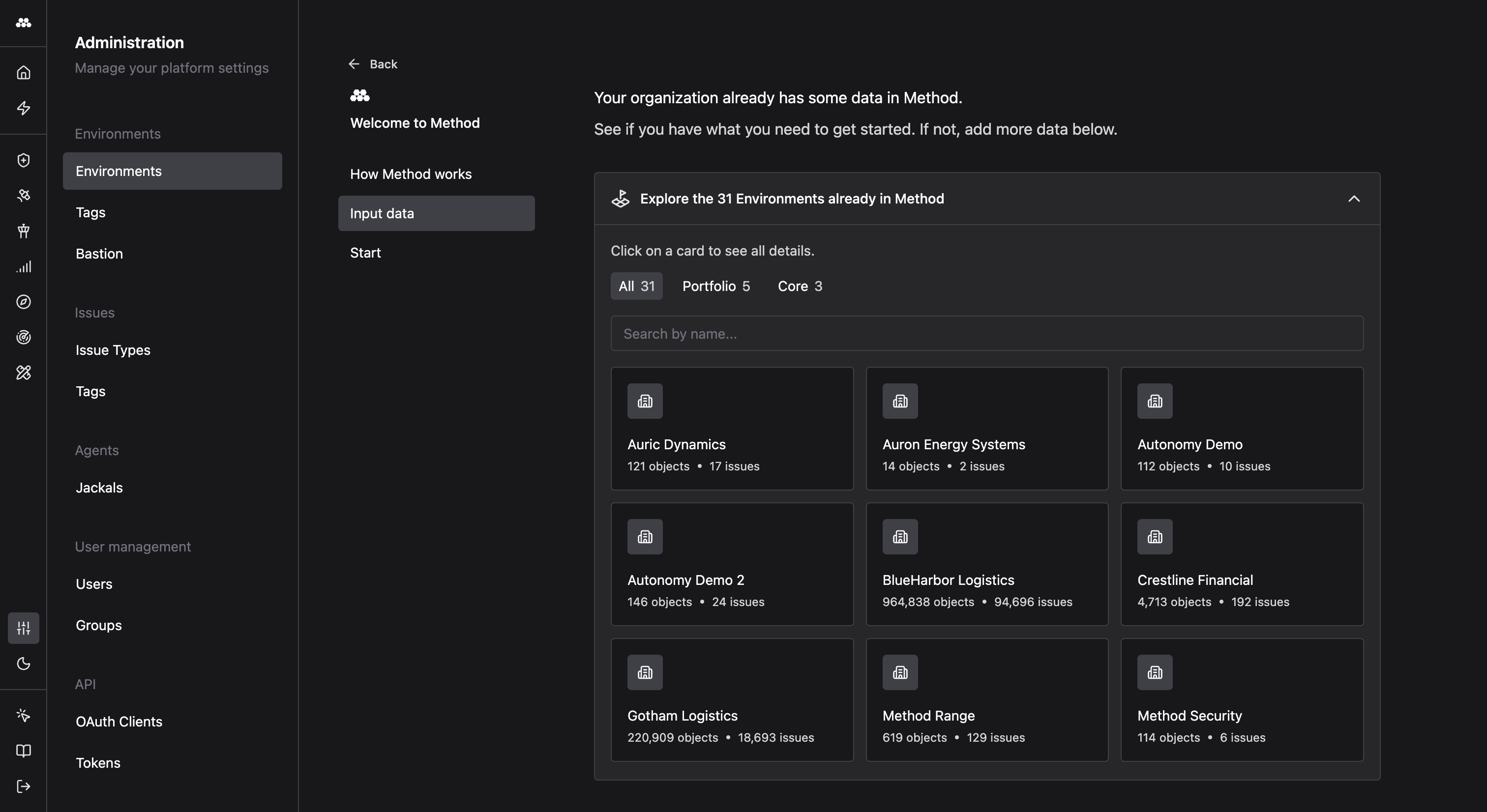 Onboarding workflow with a grid of existing Environments
