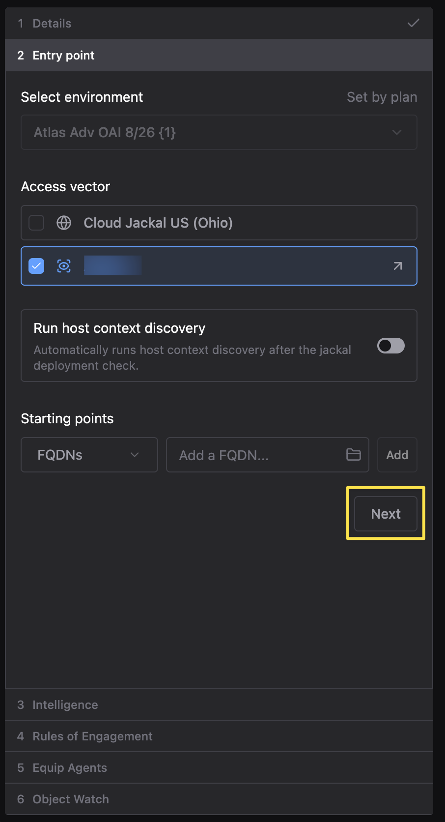 Entry point step showing Select environment marked Set by plan, an Access vector list with a Cloud Jackal and an installed Jackal option, a Run host context discovery toggle, and a Starting points field for adding FQDNs