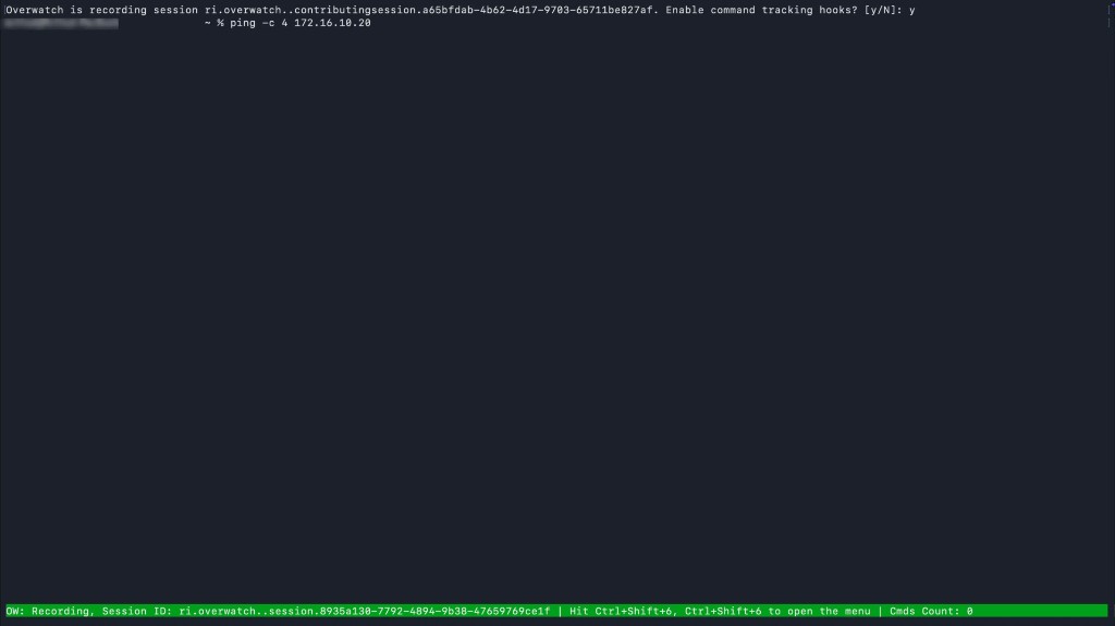 A terminal at the start of an Overwatch recording, with the green Overwatch status bar across the bottom showing the active Session ID, a hotkey reminder, and Cmds Count: 0.