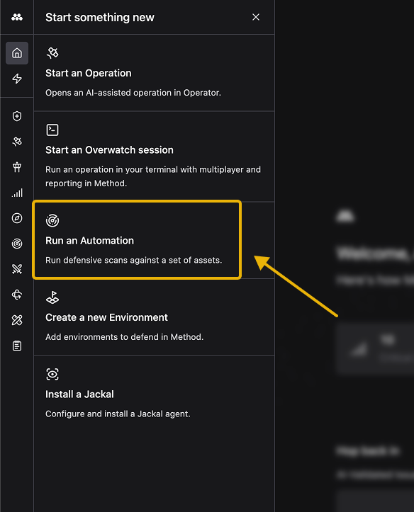 Start something new panel with Run an Automation highlighted