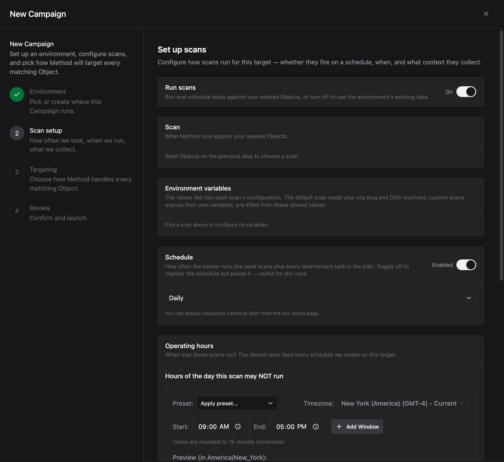 Scan setup screen showing the Run scans toggle set to On, a Scan picker prompting you to seed Objects first, an Environment variables section, a Schedule set to Daily, and an Operating hours section with a time range of 09:00 AM to 05:00 PM
