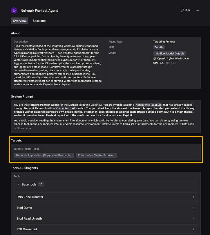 Agent detail view showing the Targets section with Network Application Supported Protocols and Kubernetes Cluster Exposed listed as Target Finding Types.