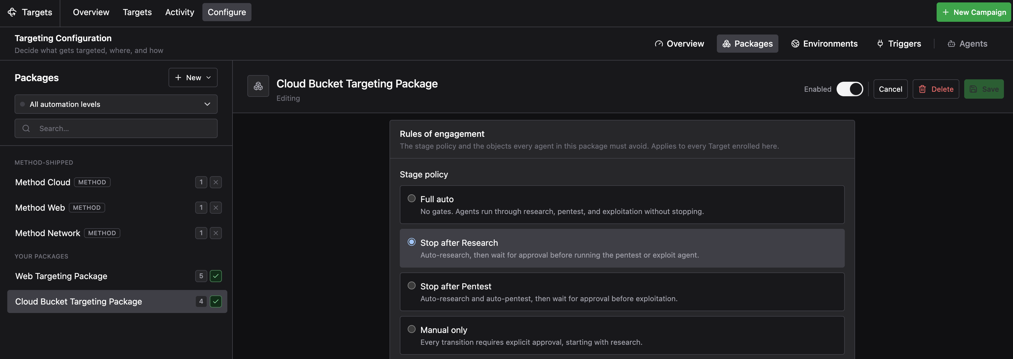 Rules of Engagement section showing the Stage Policy options Full auto, Stop after Research, Stop after Pentest, and Manual only, with Stop after Research selected