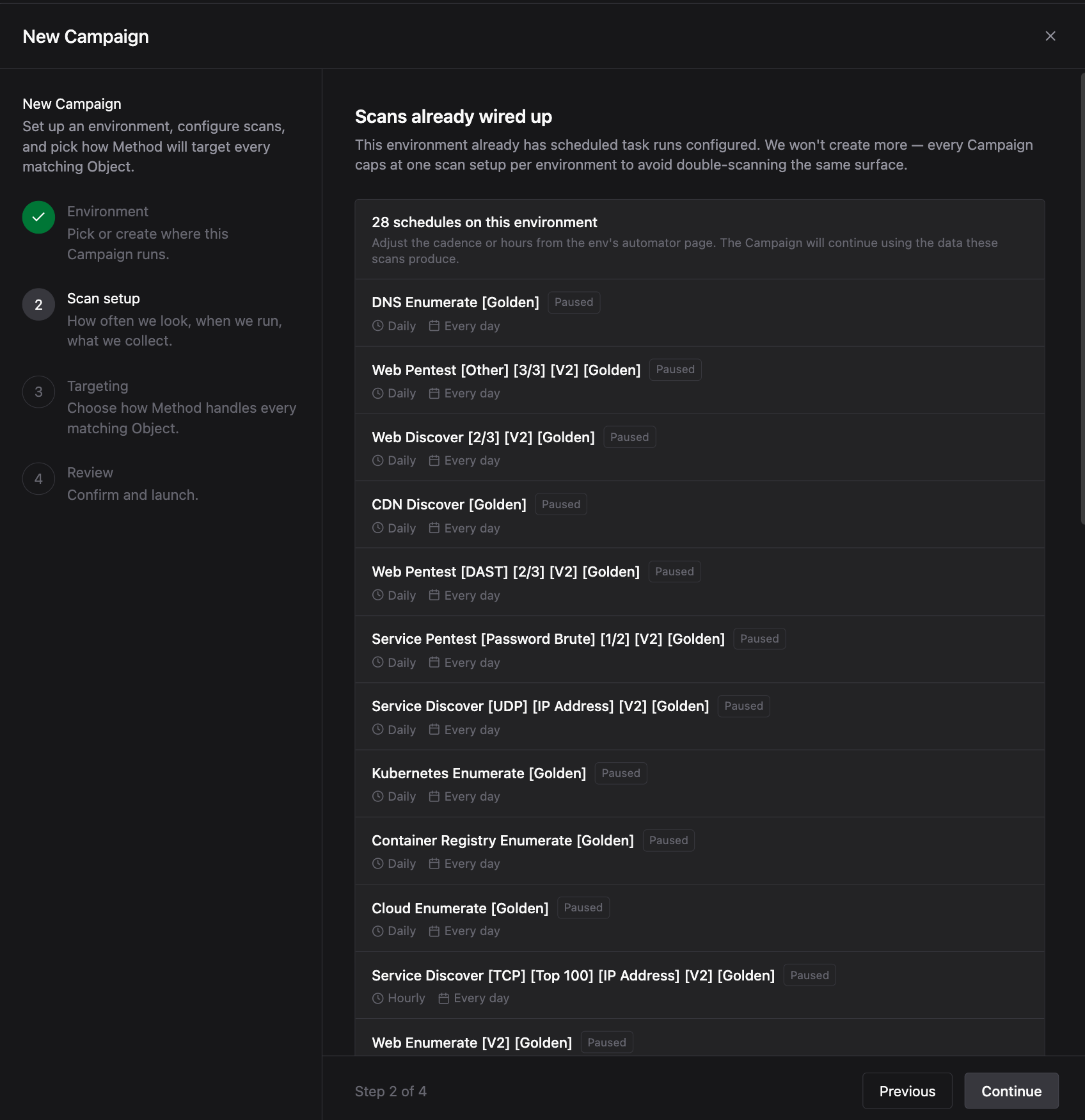 Scan setup screen showing Scans already wired up with a message that the environment already has scheduled task runs configured and won't create more. A list of existing paused scans is shown including DNS Enumerate, Web Pentest, Web Discover, CDN Discover, and others.