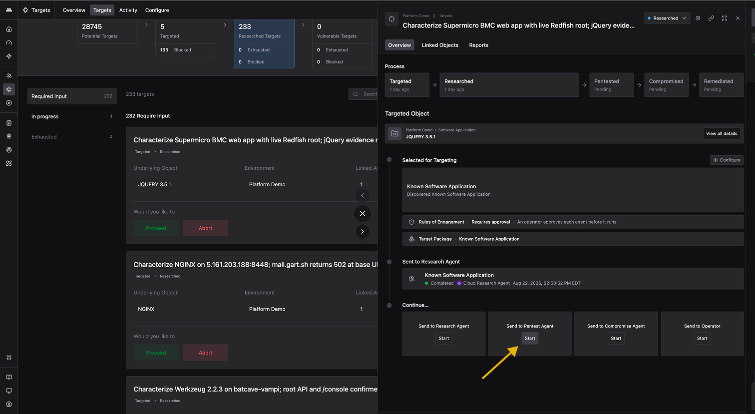 Target detail view showing Process timeline, Targeted Object, Selected for Targeting, completed Research Agent session, and Continue section with Send to Research Agent, Send to Pentest Agent, Send to Compromise Agent, and Send to Operator options.