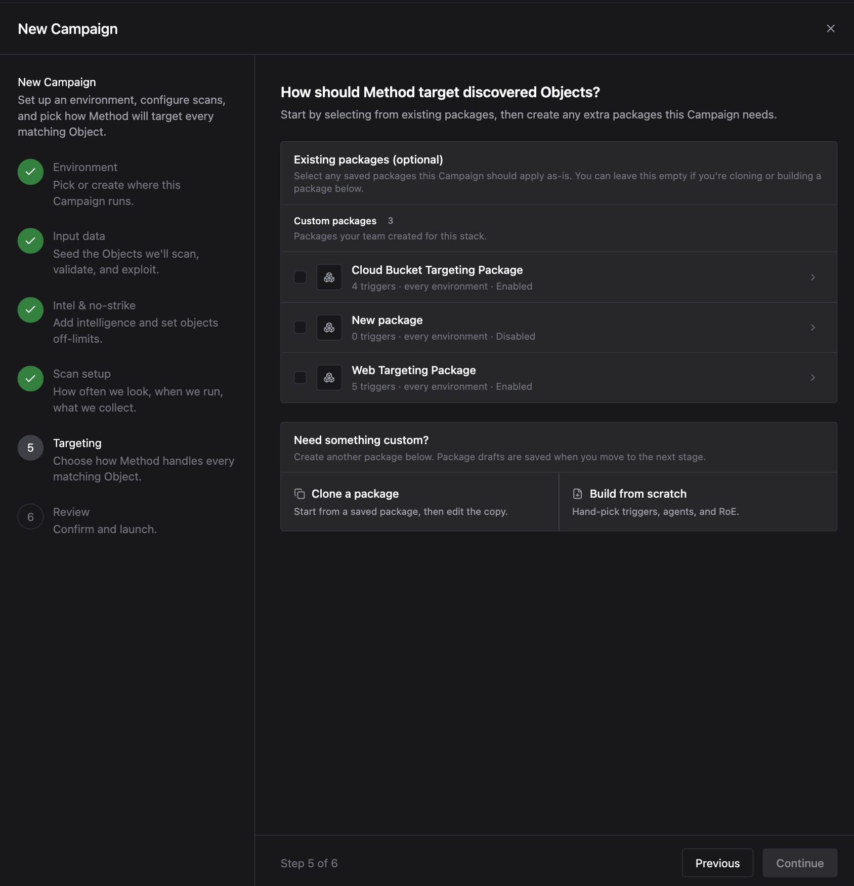 Targeting step showing existing custom packages (Cloud Bucket Targeting Package, New package, Web Targeting Package) with checkboxes, and a Need something custom section with Clone a package and Build from scratch options
