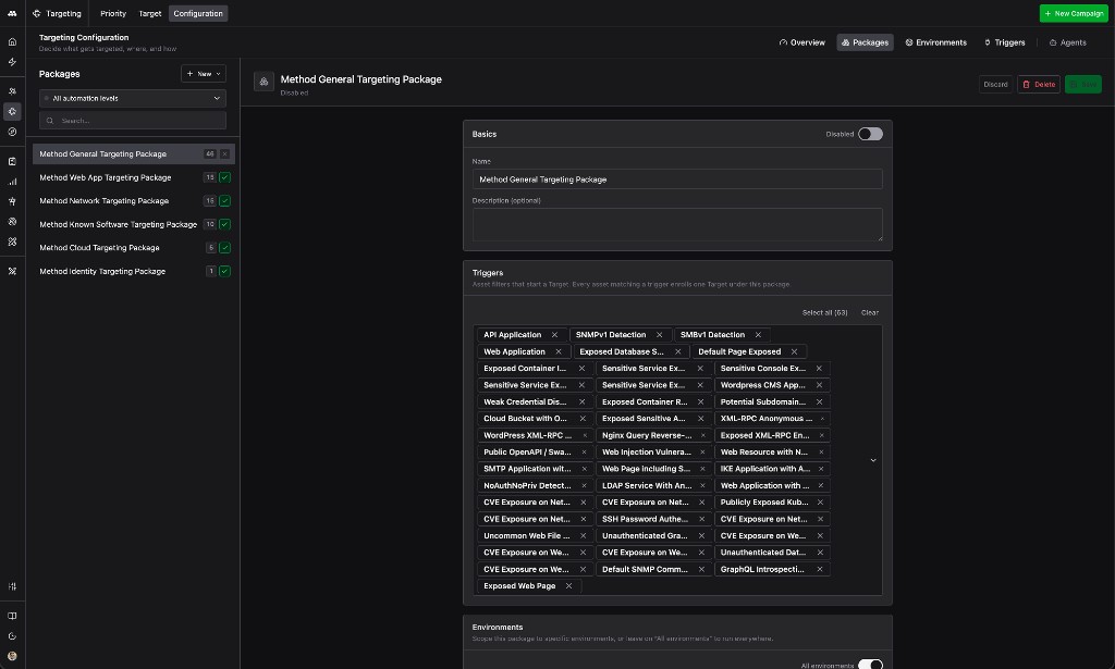 Top half of the Method General Targeting Package configuration form showing Basics (name and description) and a Triggers list of 48 Target Types including API Application and SNMPv1 Detection.