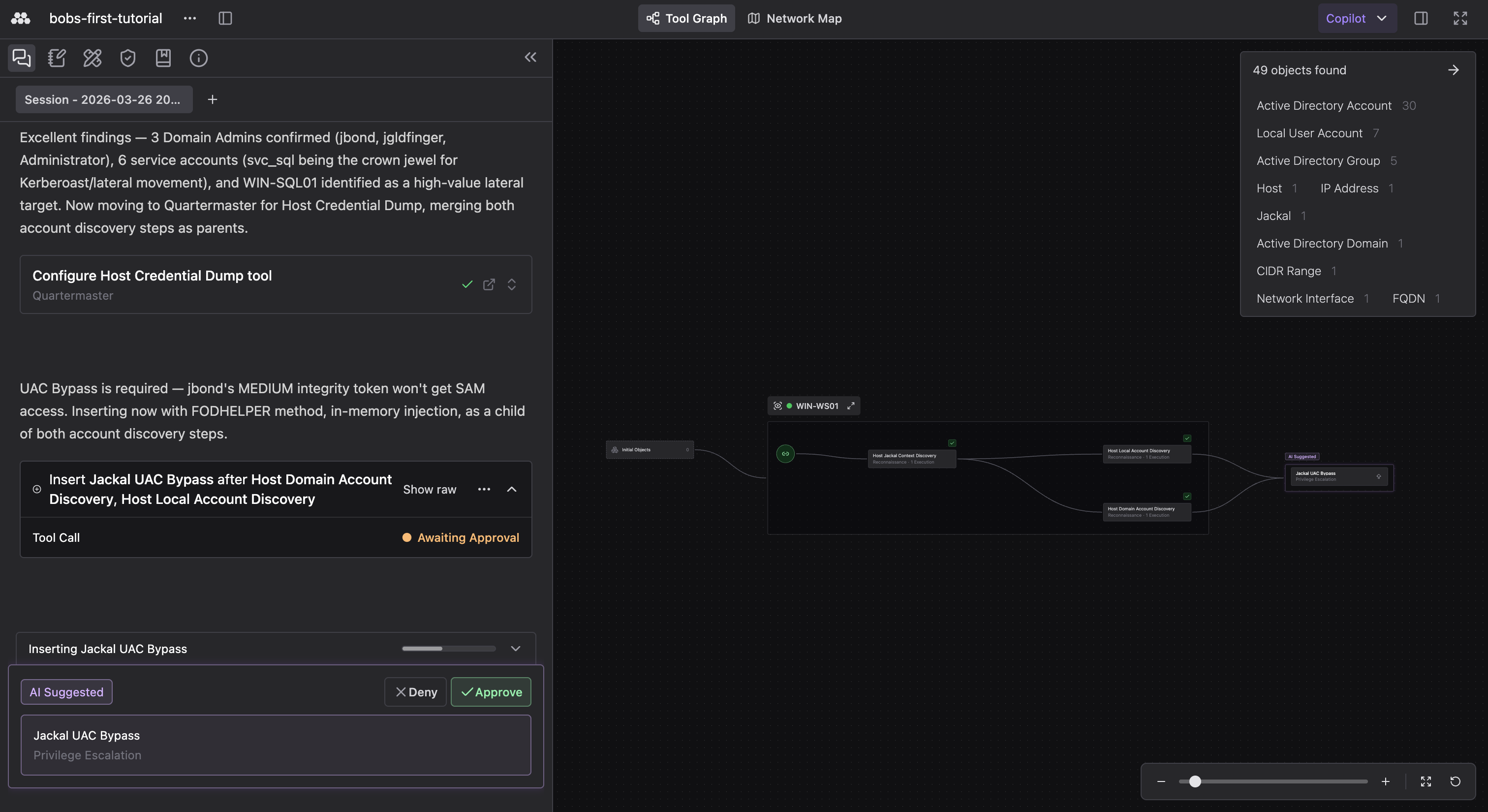 An Operator workspace for a live Operation, with AI Copilot chat in the left panel showing a Jackal UAC Bypass suggestion awaiting approval, the Tool Graph on the central canvas showing host and account discovery nodes leading into a Jackal UAC Bypass node, and the right panel listing discovered Objects including a Jackal.