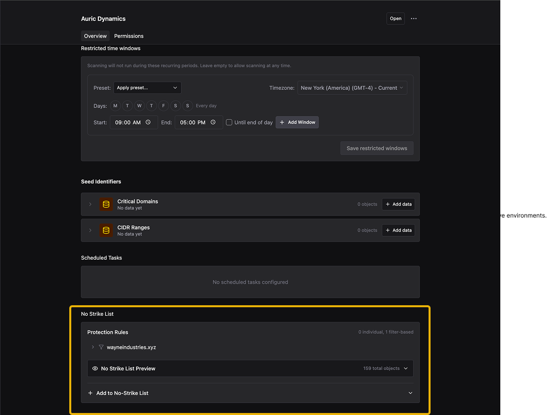 Environment configuration showing the No Strike List section with a filter-based protection rule for wayneindustries.xyz covering 159 total objects.