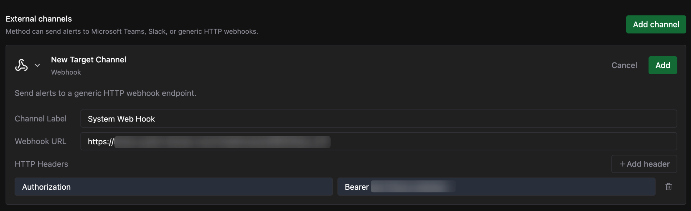 Webhook channel form with an HTTP header added: Authorization set to a Bearer token, with a delete control beside it