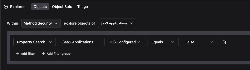 Explorer query with a top-level Object Type filter and a second AND filter on TLS Configured