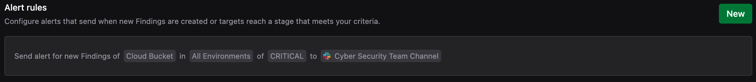 A saved Alert rule reading Send Alert for new Findings of Cloud Bucket in All Environments of CRITICAL to Cyber Security Team Channel, routed to a Slack channel, under the Alert rules section