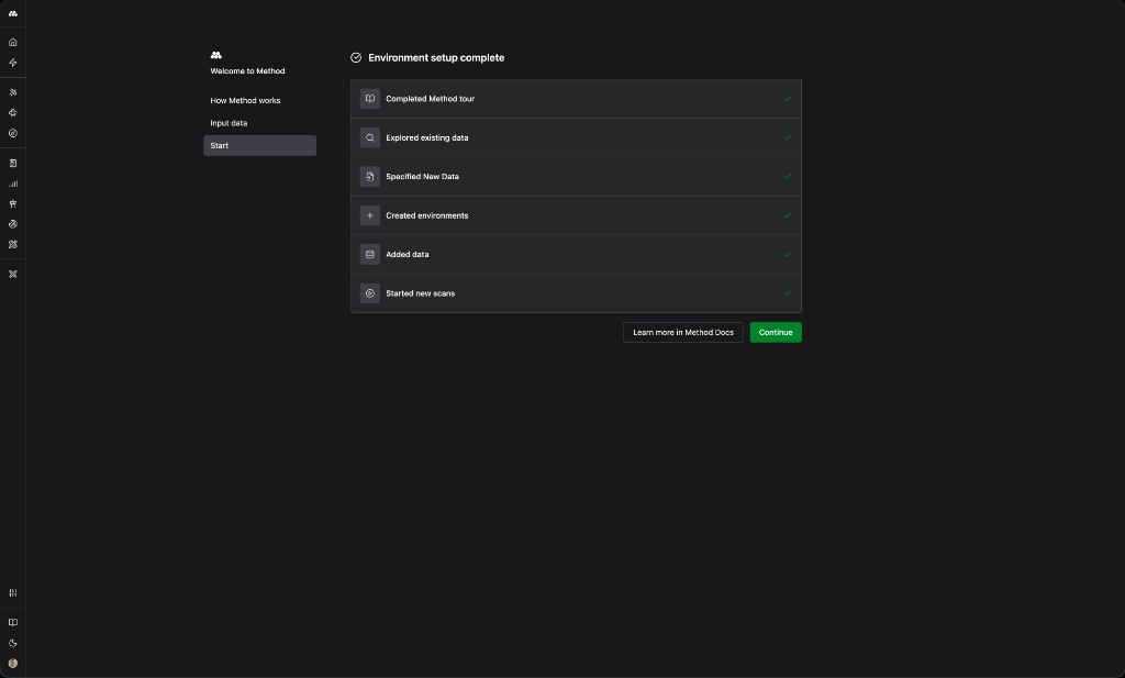 Environment setup complete checklist showing completed steps for the Method tour, exploring existing data, specifying new data, creating environments, adding data, and starting new scans.
