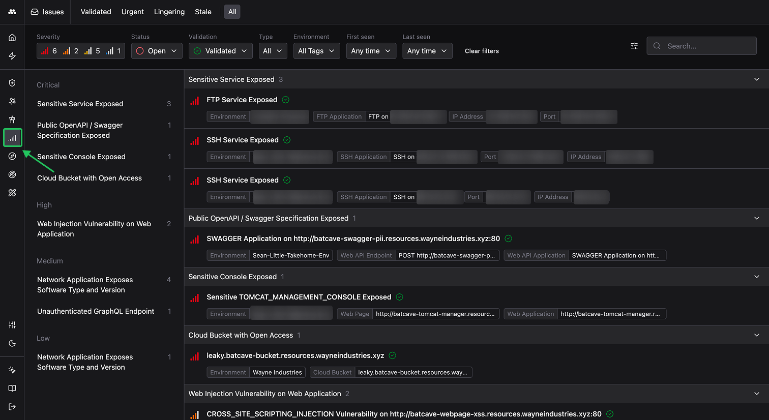 Findings app showing Validated Findings organized by severity with filter controls