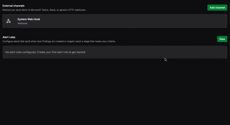 Animated walkthrough of the Alerts page: clicking New under Alert rules, configuring the criteria in the Configure Alert form, and saving the rule