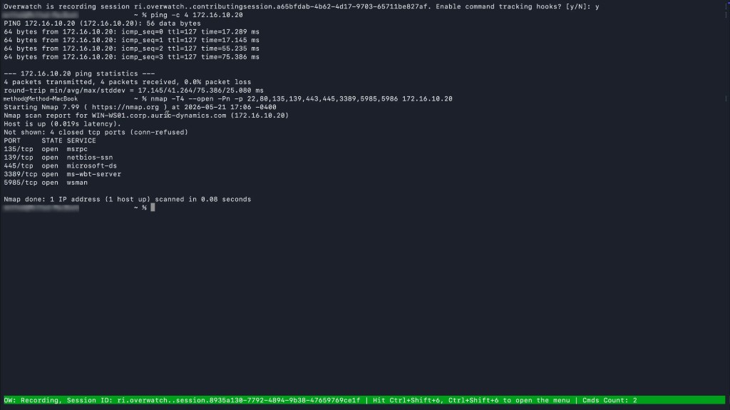 A terminal session showing a ping command and an nmap command with their full outputs, and the green Overwatch status bar at the bottom showing the active Session ID and Cmds Count: 2.