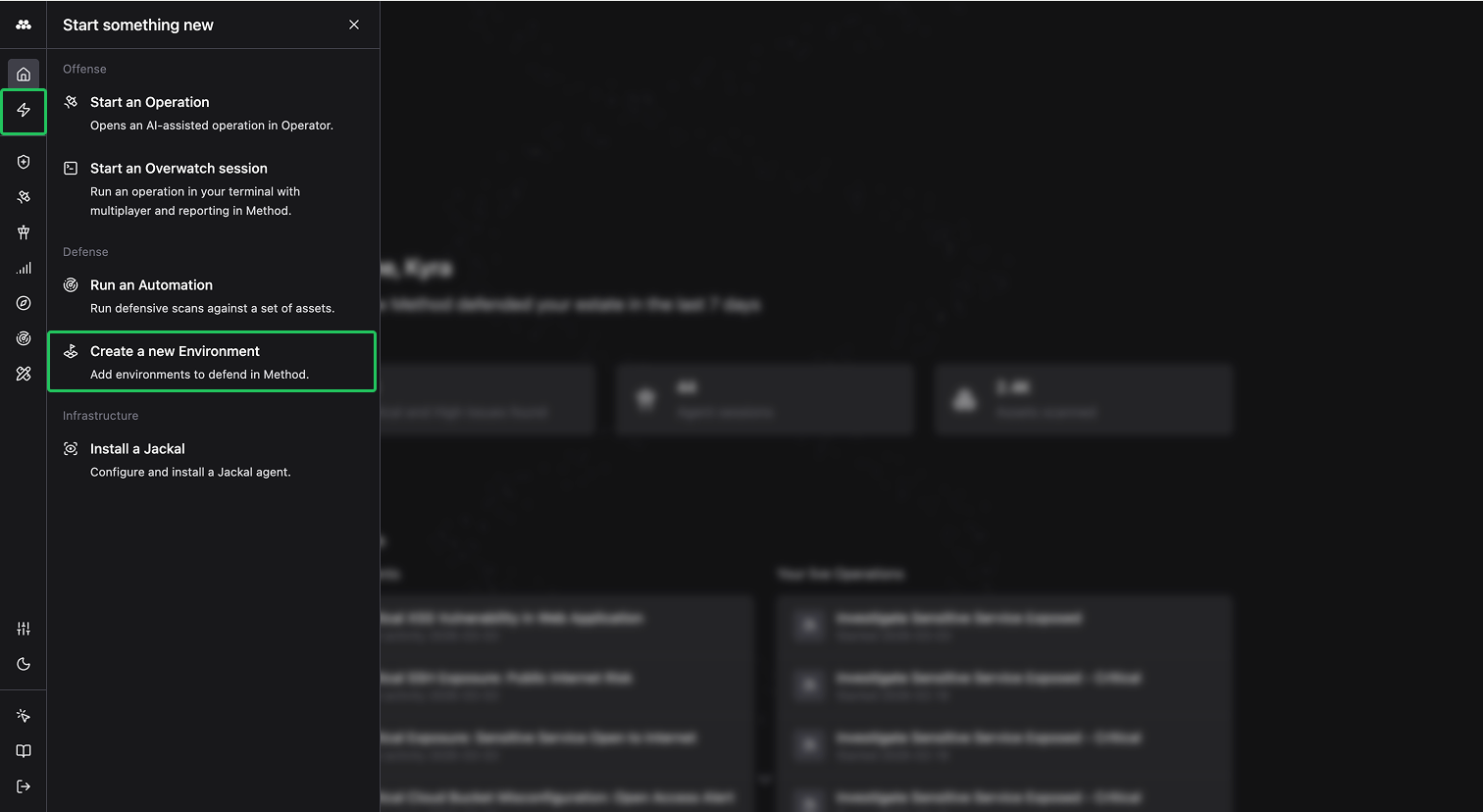 Start something new menu showing the Create a new Environment option
