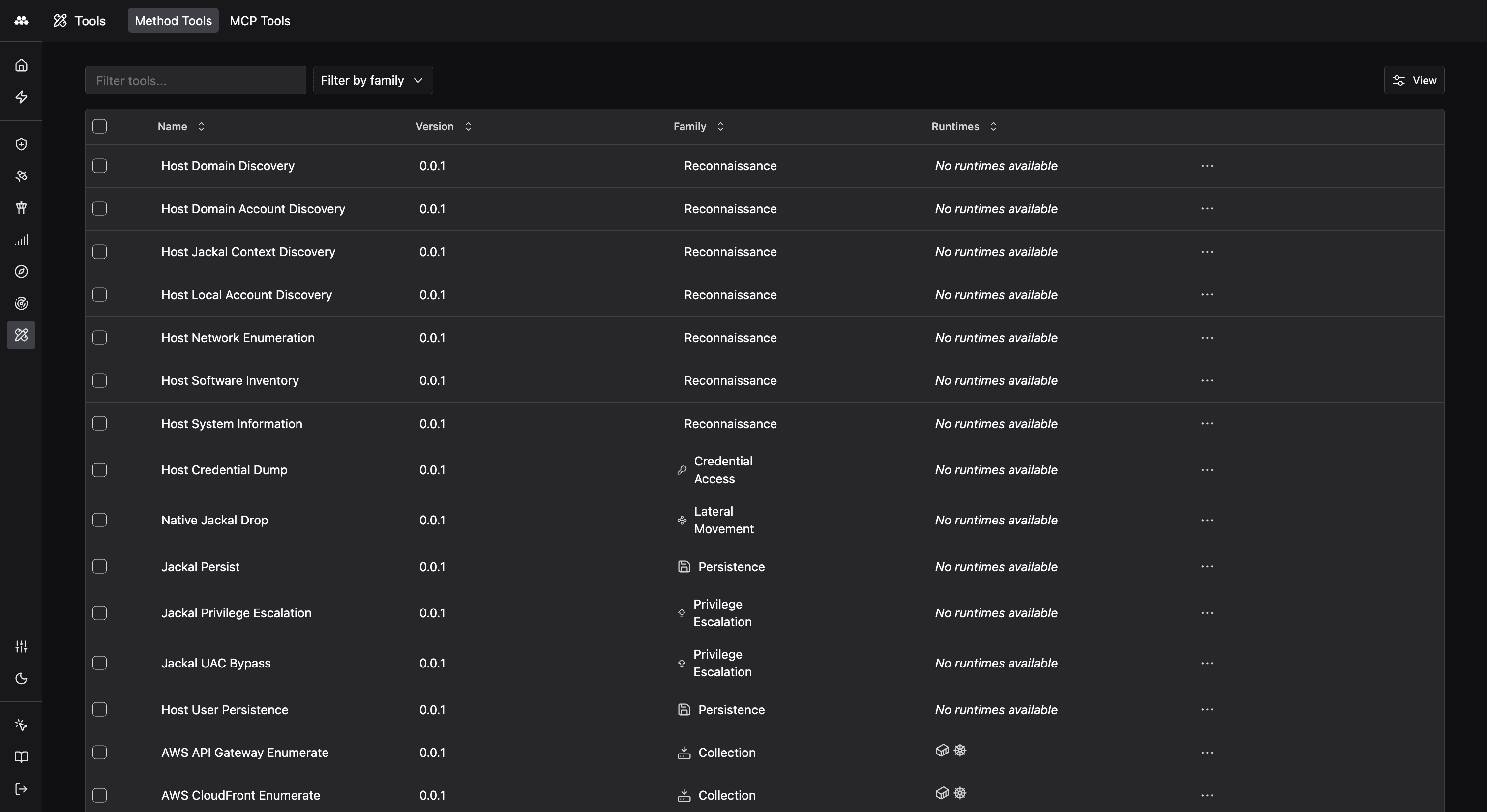 Tool catalog showing Host reconnaissance Tools organized by family