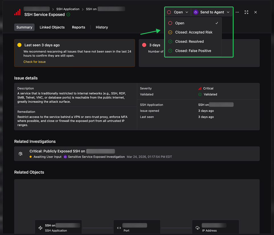 Finding status dropdown showing Open and Closed options