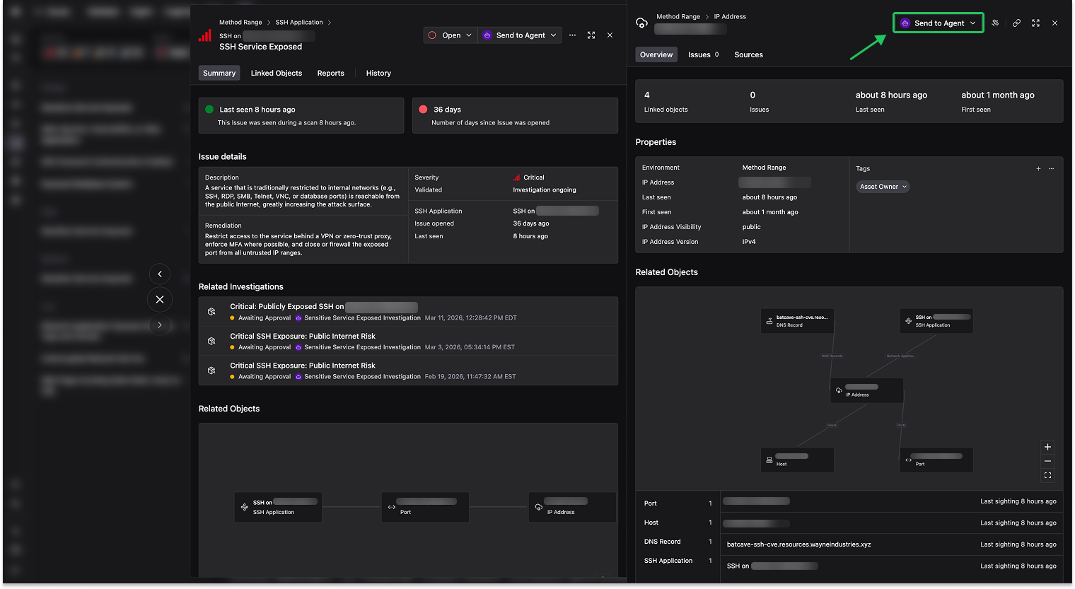 Finding detail panel with Send to Agent button highlighted