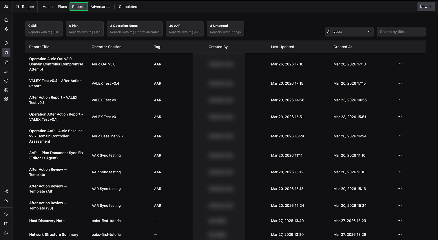 Operations Reports tab showing saved Operation notes