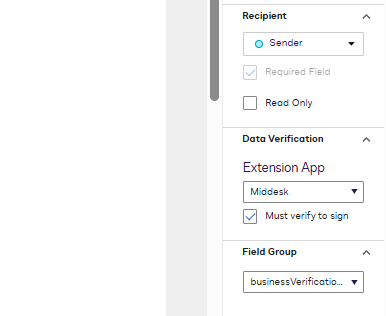 Data Verification settings for a Middesk field in Docusign