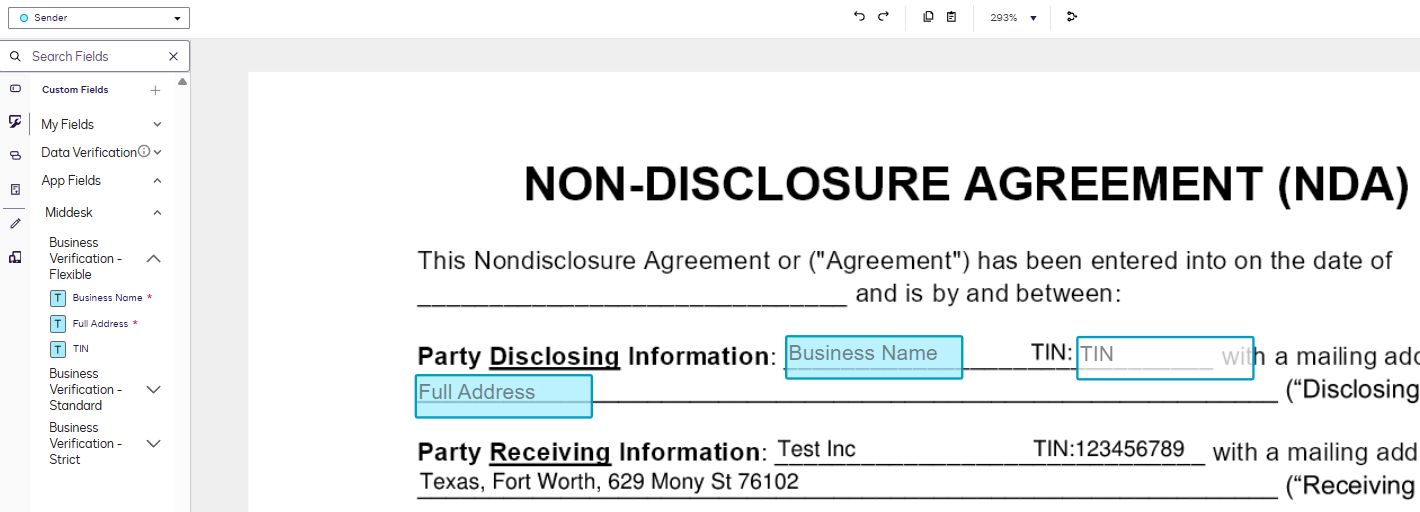Middesk verification fields added to an envelope