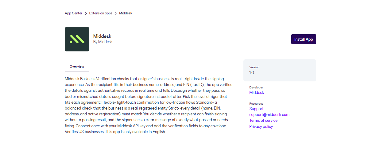 Middesk app listing in the Docusign App Center