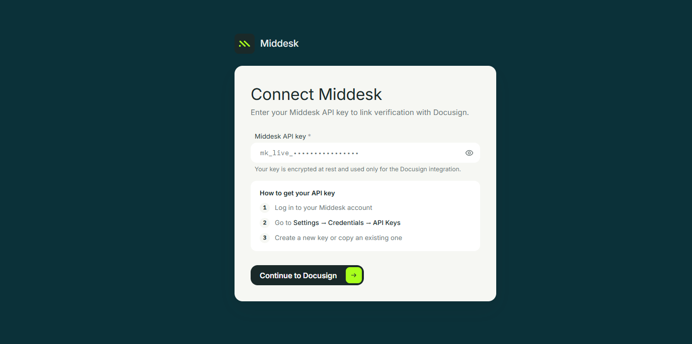 The Connect Middesk window in Docusign