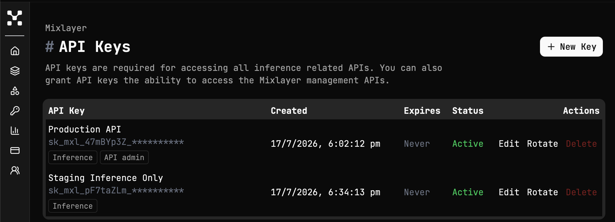 API Keys page in the Mixlayer console