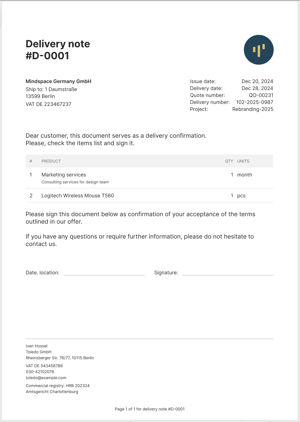 A delivery note