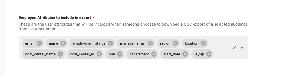 Employee Attributes to include in export field with user attributes selected