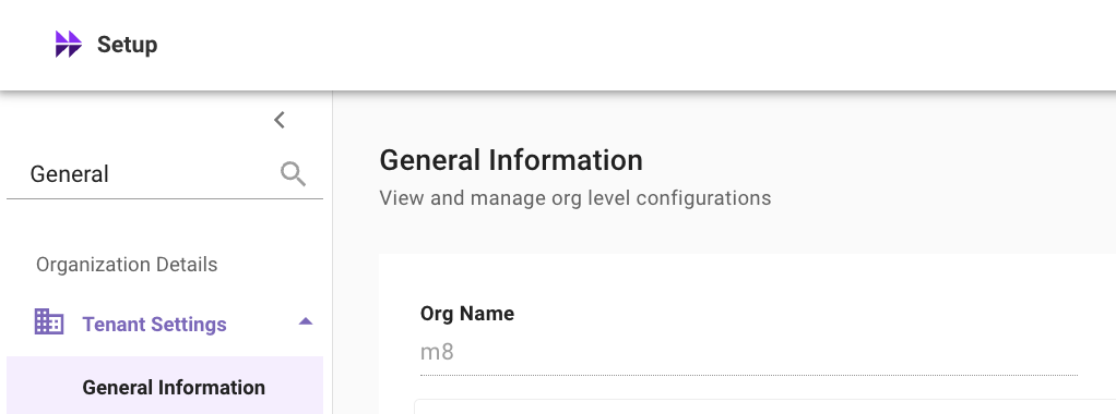 Tenant Settings > General Information showing the Org Name field