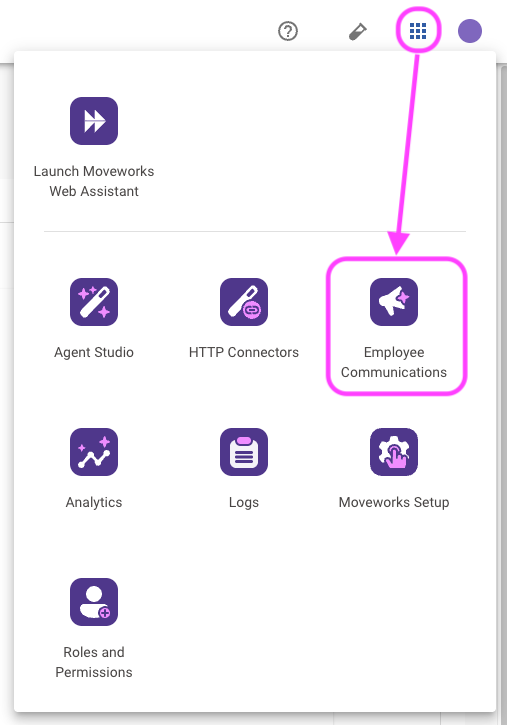 Employee Communications module in the Moveworks Setup app switcher