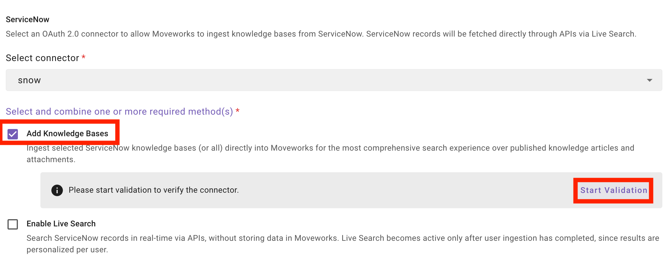 Start Validation step with the Add Knowledge Bases method checked